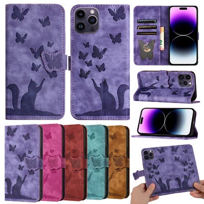 Leather Butterfly Cat Card Wallet Phone Case For iPhone 15 14 13 12 11 XR XS 8 7 - Image 1 of 4