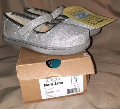 NUEVO Zapatos Toms Mary Jane Plateados Brillo Brillo Niñas Pequeñas Talla 11 Foto 1 de 4