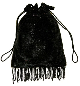 Vintage antik schwarz quadratisch Glas irisierend Kordelzug Absehen Tasche Blumenfutter - Bild 1 von 6