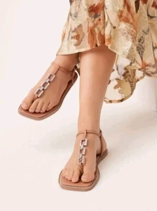 BNWT Next Forever Comfort Brown Flat Sandals With Jewelled Chain Detail Size 5 - Picture 1 of 8