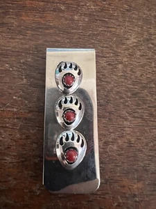 Nativo nativo americano navajo clip de dinero indio triple pata de oso coral rojo Zuni #F - Imagen 1 de 12