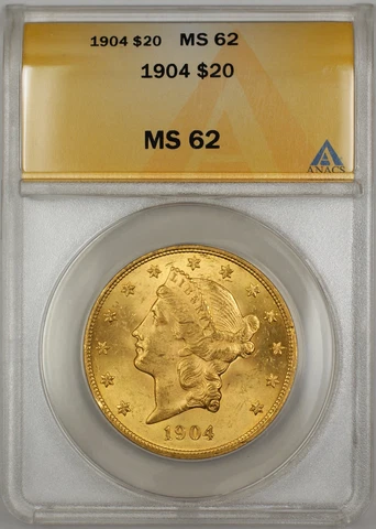 1904 $20 Liberty Double Eagle Gold Coin ANACS MS-62 SB (Better) (E) Cover