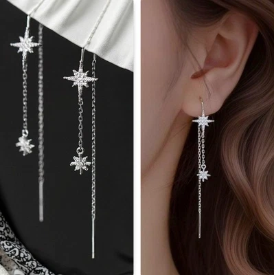 Nordstern Durchzieher Ohrringe CZ Einfädler 925 Sterlingsilber Plattiert Neu - Bild 1 von 4