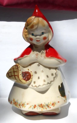 Tapa de tarro de galletas vintage Hull Pottery Little Red Riding Hood #967 etiqueta de oro de 22 kt Foto 1 de 4