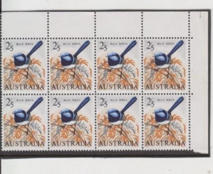 Stamps Australia 2/5 Blue Wren bird white paper top right corner block of 8 - Picture 1 of 2