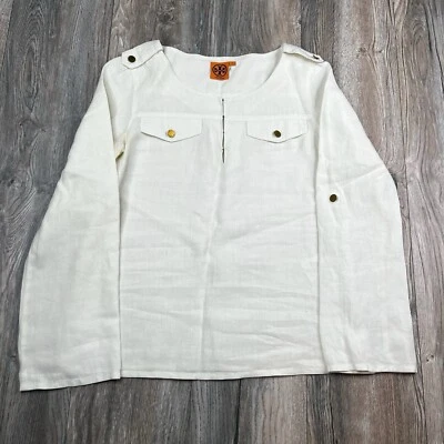 Top túnica Tory Burch 100 % lino manga larga convertible mangas talla 4 blanco roto Foto 1 de 4