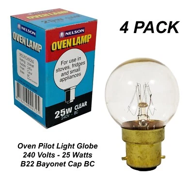 4 x 25W Clear Oven Pilot Light Globes Bulbs Lamp B22 Bayonet BC - 300 Degree Max - Image 1 of 4