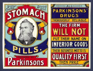 EARLY 20TH CENTURY CHEMIST LABEL - PARKINSONS' BLOOD AND STOMACH PILLS, BURNLEY. - Picture 1 of 1