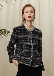Handmade tweed boucle jacket with green yarn trim size L,XL - Picture 1 of 6