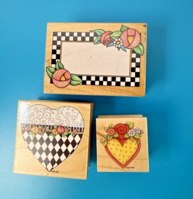 Rose Filigree Heart~Checkerboard Frame~Floral~Mary Engelbreit~3 Rubber Stamps - Image 1 of 4