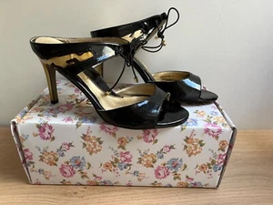 WOMENS heeled strappy sandals BLACK PATENT & GOLD LADIES SHOES SIZE 3 - 4 - Picture 1 of 4