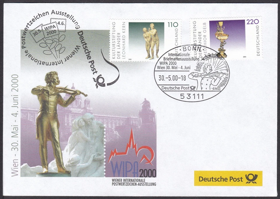 PEX0011 Intl. Stamp Exhibit. Germany Cover, WIPA 2000, Vienna, Violin Postmark - Image 1 of 1