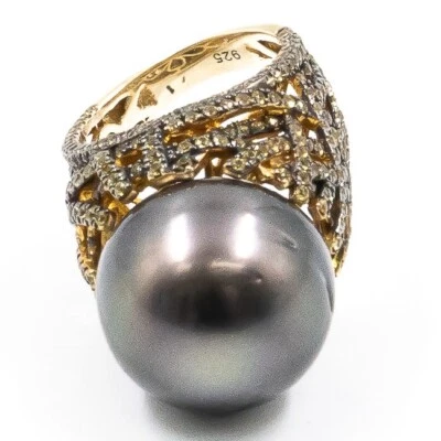 Natural Yellow Sapphire and Grey Pearl Cocktail Ring 925 Sliver in Gold Plated - Image 1 of 4