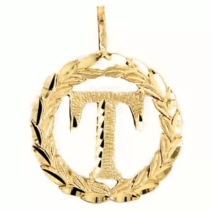 Genuine 14k Yellow Gold 0.78" Wreath Initial Block Letter 'T' Round Pendant - Picture 1 of 5