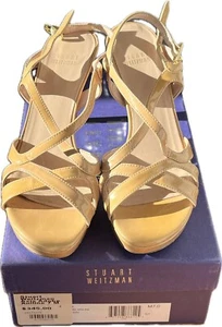 Stuart Weitzman Beige Patent Leather Strappy Sandals Sz 7 Heels 4” - Picture 1 of 7