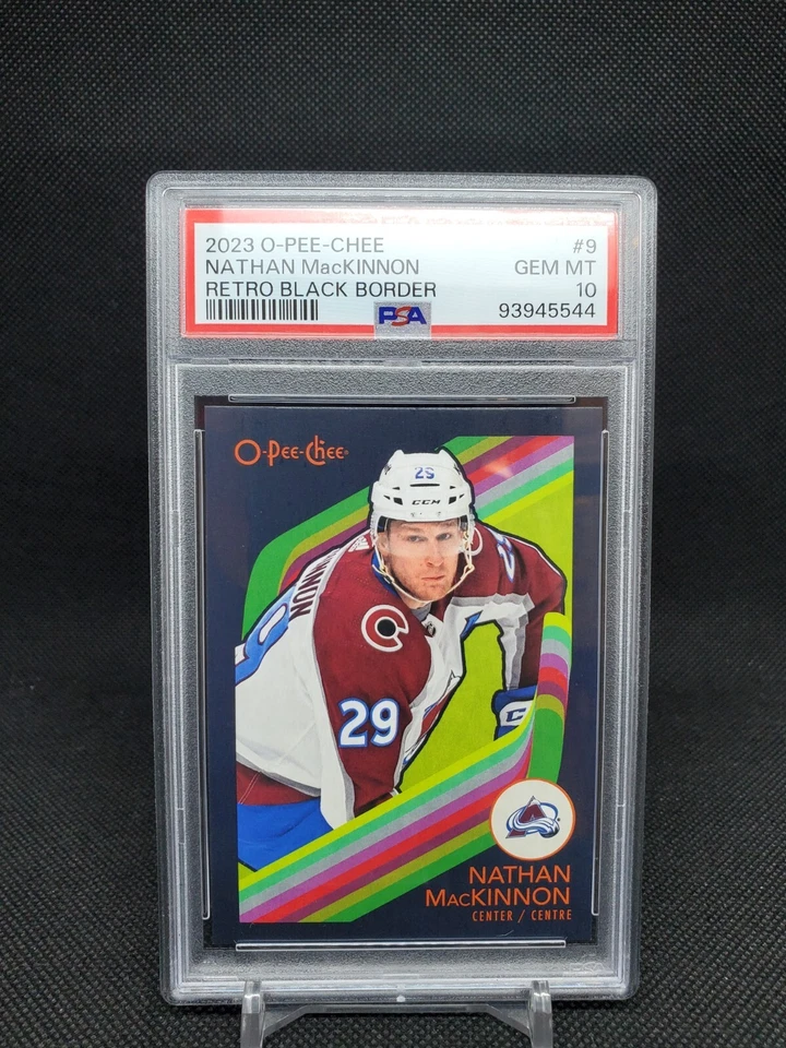 2023-24 O-Pee-Chee Hockey Nathan MacKinnon 9 Retro Black Border /100 PSA 10  - Image 1 of 2
