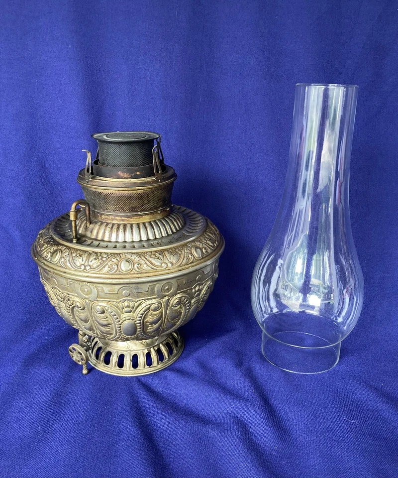 antique The Juno Lamp E Miller Embossed Metal w glass chimney made in USA As Is - Image 1 of 4