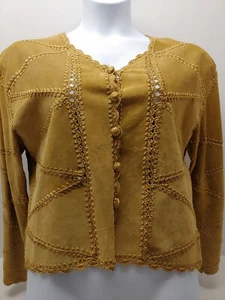 Women's Leather Patch Crochet Jacket Gantos Long Sleeve Waist Length Large Brown - Picture 1 of 11
