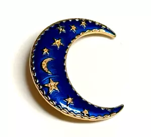 Brooch Moon Blue Enamel Gold Metal Stars - Picture 1 of 8
