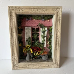 Vintage Shadowbox Diorama Pink Cottage Garden Flowers Floral Vines French 14x11 - Picture 1 of 15
