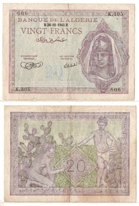 ALGERIA 20 Francs (WWII - 26-10-1943) NO PINHOLES, Pick 92a, Very Fine - Picture 1 of 1