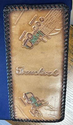Cartera de cuero con borde trenzado mecanizado a mano semi camiones camioneros Foto 1 de 3