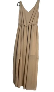 Beige Tan Chiffon Lined Maxi Dress Women’s 12 Grecian Sleeveless Minimalist - Picture 1 of 9