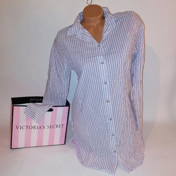 Victoria Secret Sleep Shirt XS Green White Stripe Long Sleeve Button Down Nightg