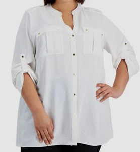 Calvin Klein Women White Textured Roll Tab Button Down Top Plus Size 3X - Picture 1 of 1