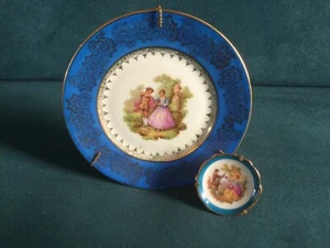 Vintage Limoges courting couple plate & miniature, blue & gold rim - Picture 1 of 5