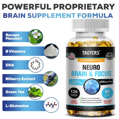 TAOTERS Brain and Focus 600 Mg + Potenza - Contiene DMAE e DHA 600 Mg