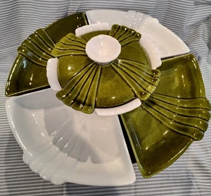 Vintage California Pottery Lazy Susan L61 White/Olive Entertaining Server 7 Pcs - Picture 1 of 18
