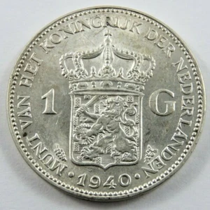 OLANDA 1940 ARGENTO MONETA FIORINO WILHEMINA SCUDO CORONATO ARGENTO 0,2315 OZ - Foto 1 di 4