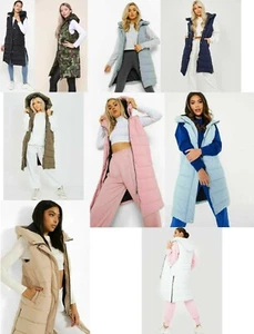 Womens Long Line Hooded Puffer Gilet Jacket Padded Body Warmer Side Pockets Zips - Picture 1 of 16