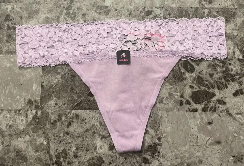 NWT LA SENZA SMALL LAVENDER PURPLE COTTON BLEND FLORAL LACE BAND THONG PANTIES - Image 1 of 3