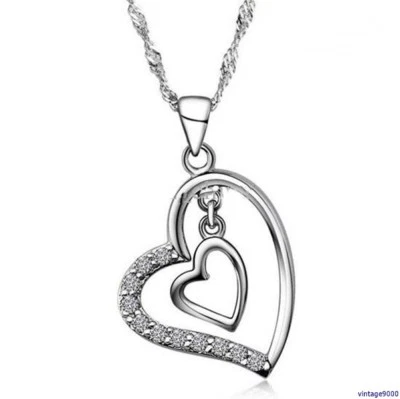 Damen Doppelherz Anhänger mit Halskette Love 925 Silber plattiert Zirkonia 111 - Bild 1 von 3