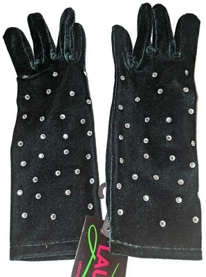 Woman's Emerald Rhinestone Velour Gloves. One Size Foto 1 de 4