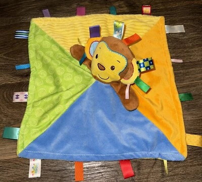 Taggies Monkey Lovey Security Blanket Plush Sensory  Color Block Satin Tags - Image 1 of 4