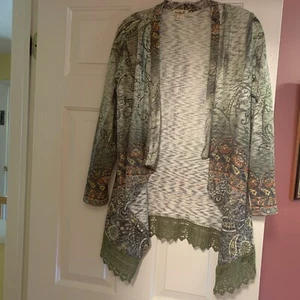 NWT One World Live and Let Live Open Front Cardigan Small Green Paisley Lace - Picture 1 of 8