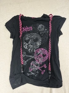 Y2K Abbey Dawn by Avril Lavigne Pink & Black Checkered Skull T-Shirt Strapshalter - Bild 1 von 5