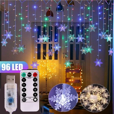 USB Snowflake Curtain LED String Lights 8 Modes Party Decor Garland Fairy Lights - Image 1 of 4