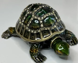 Vintage Metal Enamel and Rhinestones Turtle Trinket Box Movable Head. Pristine - Picture 1 of 12