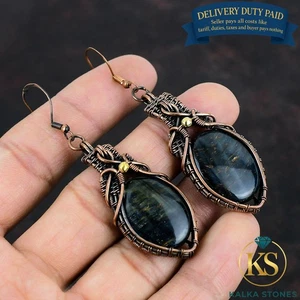 Pendientes de gancho de cobre envueltos en alambre de compromiso colgantes de pietersita natural para hija - Imagen 1 de 6