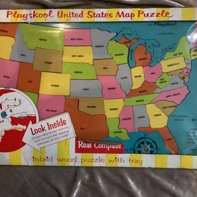 1960s Playskool Wood Inlaid Map Puzzle United States PlaySchool Complete W/Box - Image 1 of 4