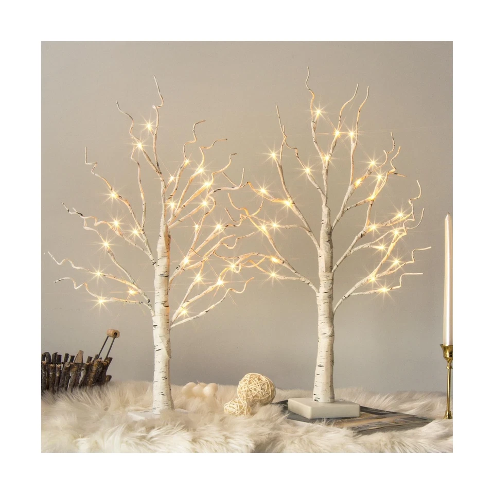 2ft 24lt Pre Lit White Birch Tree Decorative Light Tabletop Set of 2