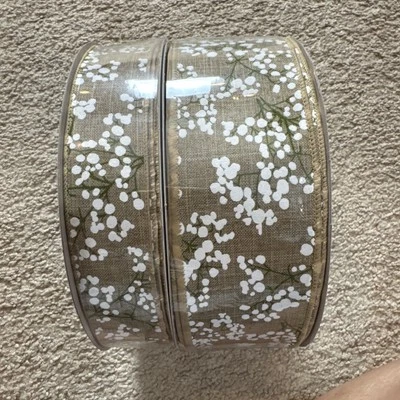 Spring Ribbon With White Flowers On Beige Canvas Lot Of 2 2.5” & 1.5” Brand new - Image 1 of 4