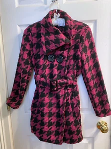 Girls Stylish Fall Winter Coat | Size M 8/10 | Magenta/Pink/Purple Houndstooth - Picture 1 of 7