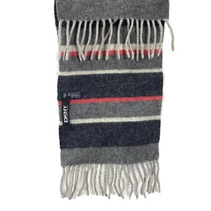 DKNY Grey Wool Blend Made in Italy Striped Scarf with Tassels 25 x 155 cm - Picture 1 of 5