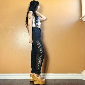 Vintage 80s Sheer Lace Panel Cut Out High Waist Skinny Jeans Goth Vamp - Picture 1 of 5