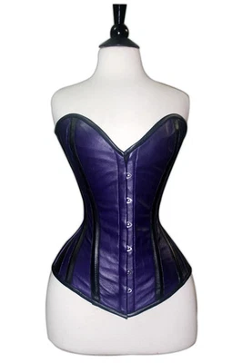 Women Leather Corset Purple Black Steel Boned Tight Lacing Waist Training Top - Image 1 of 4